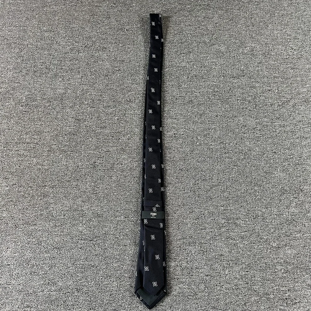 Fendi Tie Mens Black Silk FF Logo Pattern Made In Italy Classic Formal Necktie